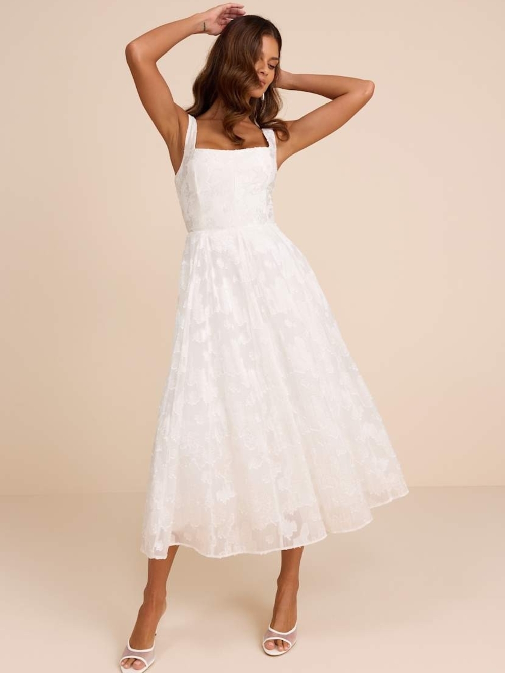 Lulu's Ivory Lace Midi Dress with Square Neck